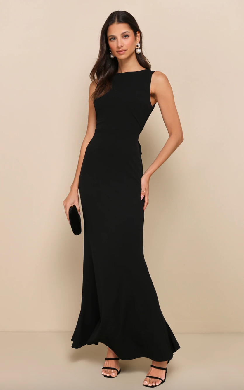 Lulus Exquisite Refinement Black Backless Bow Ruffled Maxi Dress Formal L NWT